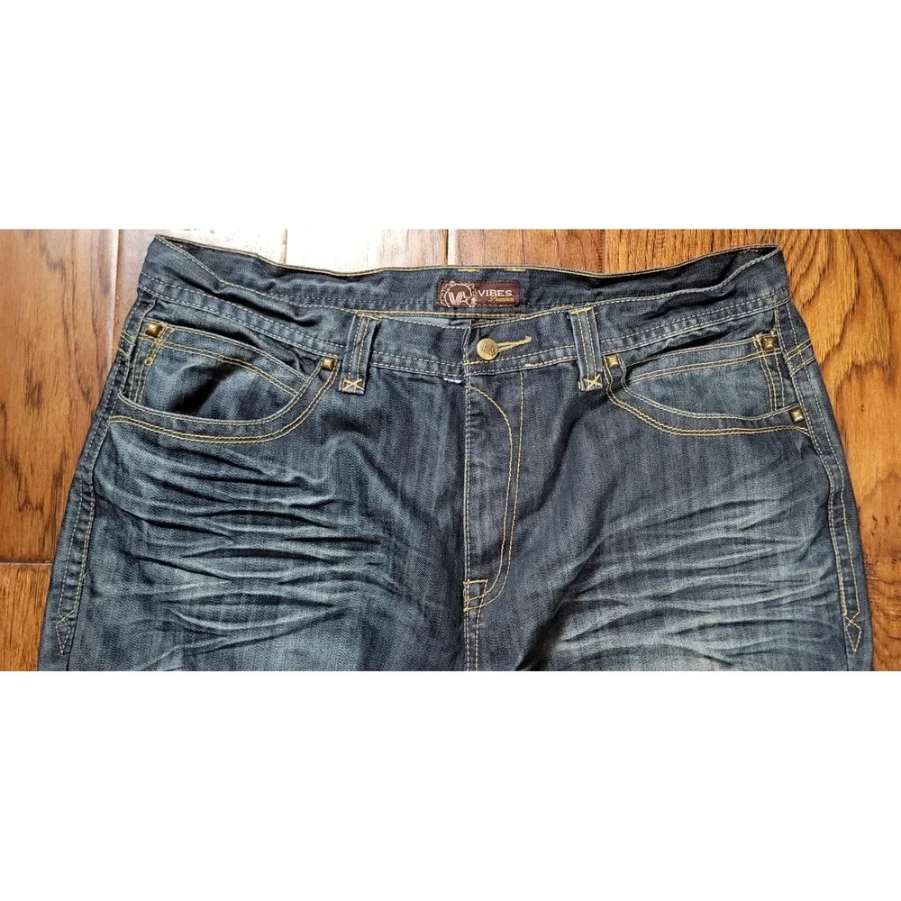 VIBES Men's Blue Denim Stitching Baggy Loose Relaxed Fit Wide Leg Jeans Sz 40x32